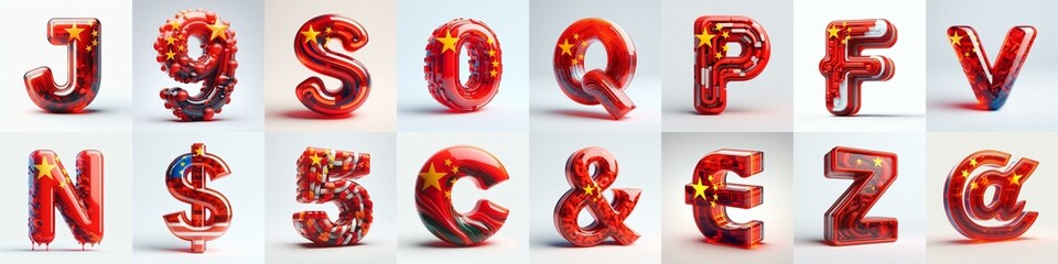 Glass letters shape in colors China flag 3D Lettering Typeface. AI generated illustration