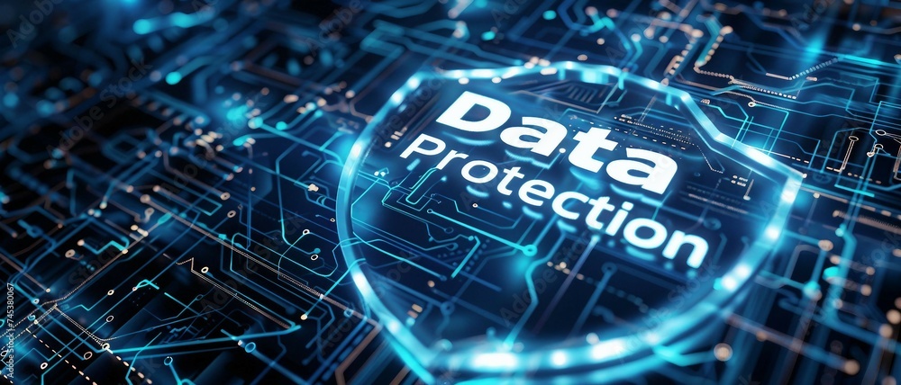 Poster a high-tech banner design where the text data protection is on a glowing cyber shield emblem. data p