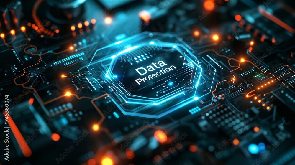 Poster a high-tech banner design where the text data protection is on a glowing cyber shield emblem. data p