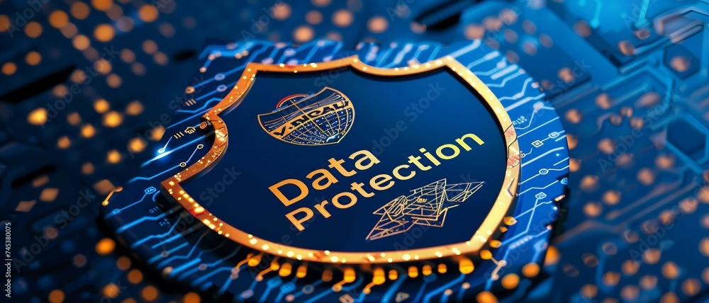 Poster a high-tech banner design where the text data protection is on a glowing cyber shield emblem. data p