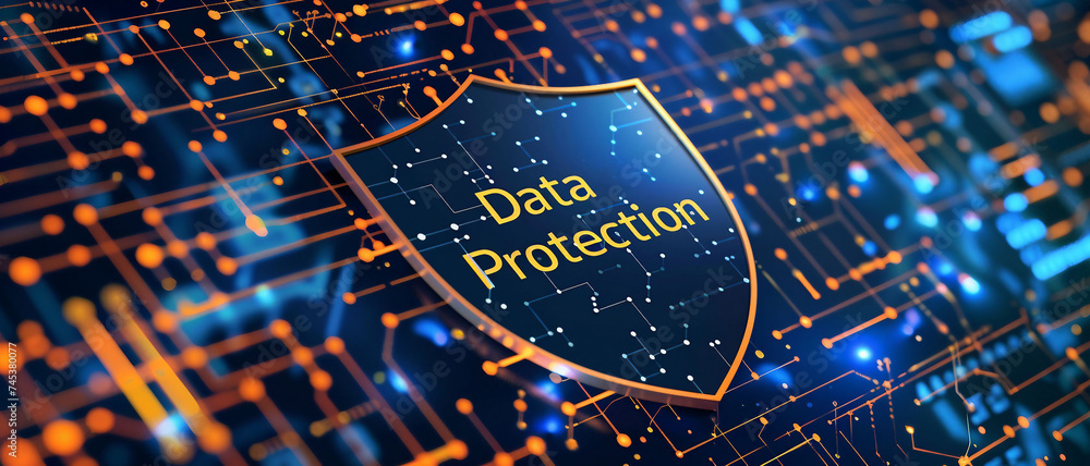 Poster a high-tech banner design where the text data protection is on a glowing cyber shield emblem. data p