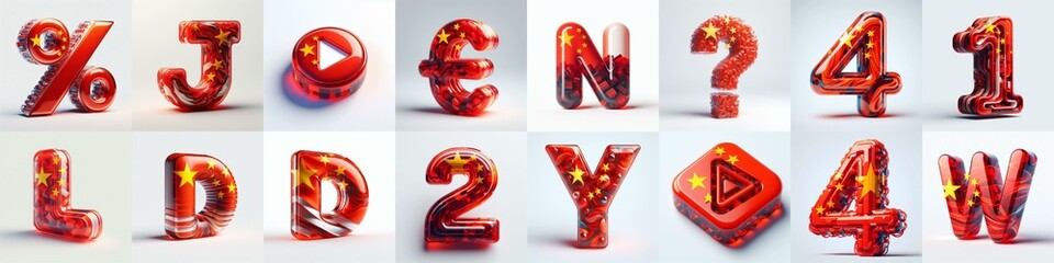Fototapeta premium Glass letters shape in colors China flag 3D Lettering Typeface. AI generated illustration