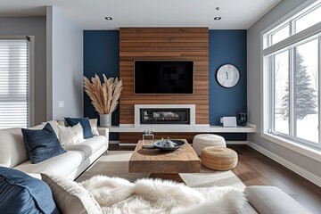 Welcoming living room with a blue accent wall, white faux fur pillows and a modern fireplace