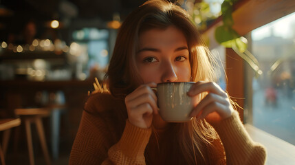 Uma jovem mulher saboreando um café em um café aconchegante com luz natural suave iluminando a cena - obrazy, fototapety, plakaty