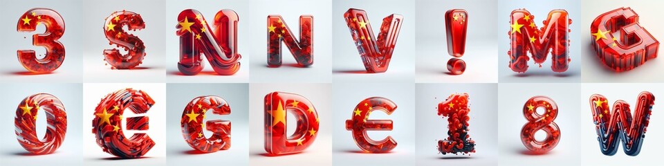 Glass letters shape in colors China flag 3D Lettering Typeface. AI generated illustration