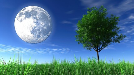 a tree in the middle of a grassy field with a full moon in the sky over the top of it.