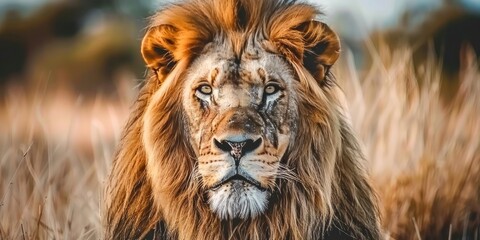The Intense Gaze of a Majestic Lion, Exemplifying Raw Power and Noble Beauty in the Heart of the Savannah, Generative AI