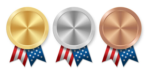 Golden silver and bronze award sport medal with USA ribbons and star