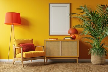 Yellow living room wall and wicker cabinet, orange lamp and frame style with chair.