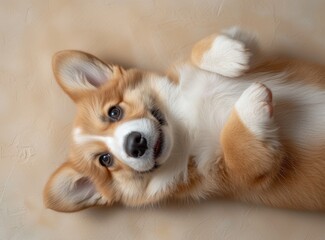 A playful Corgi puppy lying on its back, showcasing its adorable belly and paws, on a light background.