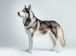 A majestic Siberian Husky with a thick coat, standing in profile against a white background.