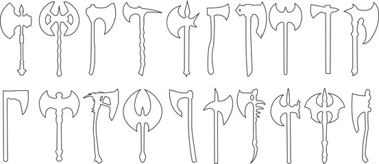 Axe icons set. Outline axe tool line icon collection isolated on transparent background. Firefighter simple wood axe silhouette vector for web and app design, lumberjack symbol medieval weapon