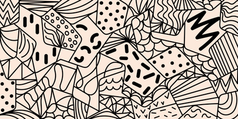 Fototapeta premium Seamless doodle abstract chaotic lines pattern-background in black and beige colors. Hand drawn colorful vector illustration for banners, wallpaper, textile, wrapping. Editable stroke