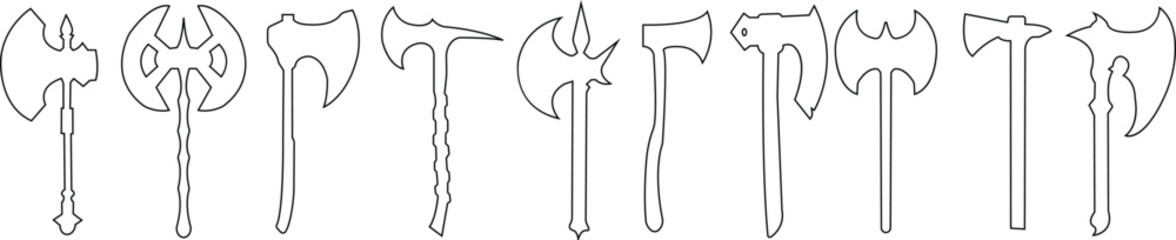 Axe icons set. Outline axe tool line icon collection isolated on transparent background. Firefighter simple wood axe silhouette vector for web and app design, lumberjack symbol medieval weapon