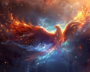 Obraz premium Quantum awakening, kinetic sparks reborn, network phoenix rising from black ashes