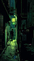 Neon-lit back alley where a nerd uncovers a Triad racketeering operation, digital evidence flashing on a high-tech device