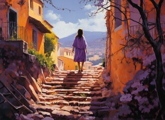 Fototapeta premium Woman walking down stone path.