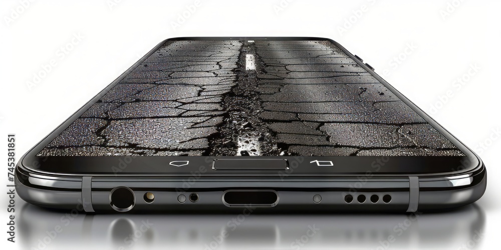 Poster A Cutting-Edge Smartphone Design with a Winding Road Display, Emphasizing the Versatility of Modern Technology, Generative AI