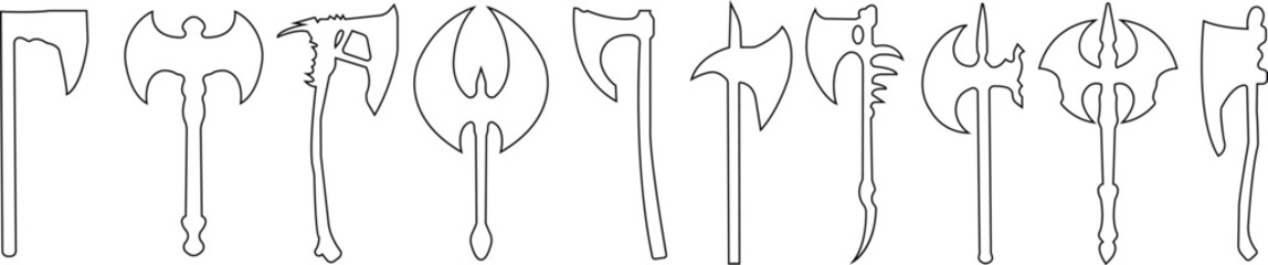 Axe icons set. Outline axe tool line icon collection isolated on transparent background. Firefighter simple wood axe silhouette vector for web and app design, lumberjack symbol medieval weapon