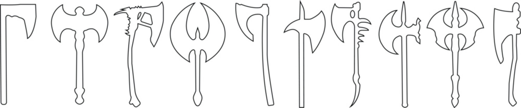 Axe icons set. Outline axe tool line icon collection isolated on transparent background. Firefighter simple wood axe silhouette vector for web and app design, lumberjack symbol medieval weapon