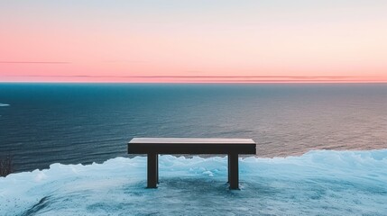 a bench sitting on top of a pile of snow next to the ocean with a pink sky in the background. - obrazy, fototapety, plakaty