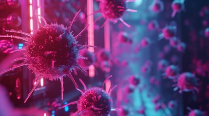 Pink viruses with spikes fly indoors - obrazy, fototapety, plakaty