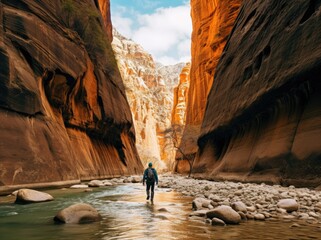 Man Walking Through Narrow Canyon - Powered by Adobe