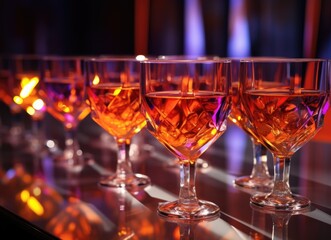Table with numerous glasses filled with liquid.