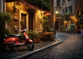 Fotobehang Red Scooter Parked on Cobblestone Street © Marharyta