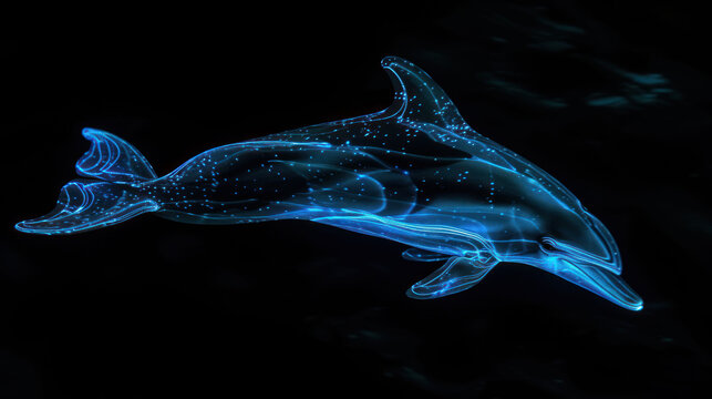 a computer generated image of a dolphin swimming in the water with blue lights on it's side and a black background.