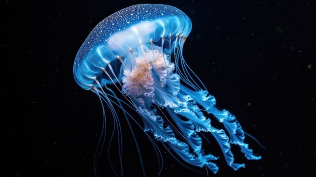 a close up of a jellyfish in the water with its head turned to look like it is floating in the air.
