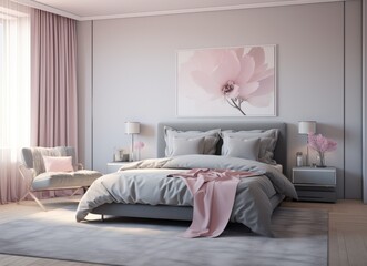 Elegant Bedroom With Large Bed and Pink Chair