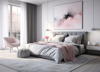 Elegant bedroom with large bed and pink chair.	