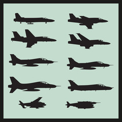 set of silhouettes of airplanes,  Harrier black silhouette set vector