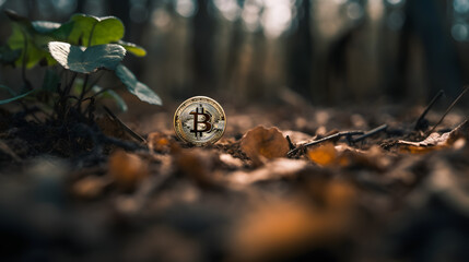 a piece of bitcoin with leaves sprouting on top of the dirt