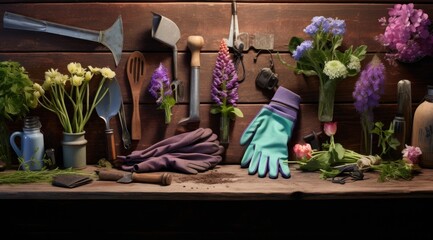 Gardening tools and flowers on table.