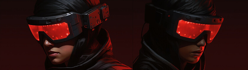 The harsh lighting casts harsh shadows on the ninja's stoic face and the digital hacker's red cyber goggles, emphasizing their cold and emotionless demeanor - obrazy, fototapety, plakaty