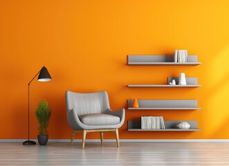 Modern Living Room With Orange Wall and White Chair