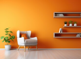 Modern living room with orange wall and white chair.