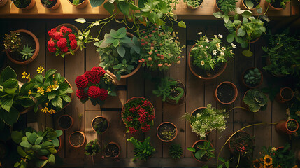 Uma composição vibrante de plantas e flores em uma mesa de madeira rústica sob luz natural suave - obrazy, fototapety, plakaty