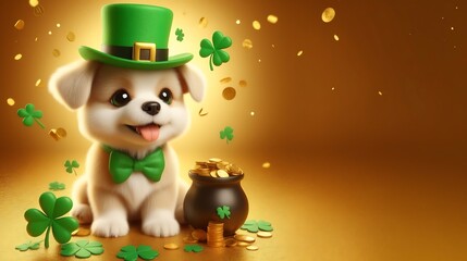 Fototapeta premium 3d cute dog with hat St. Patrick's Day on golden background