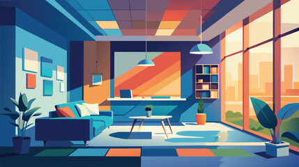 Modern Office Interior at Sunset With Cityscape View