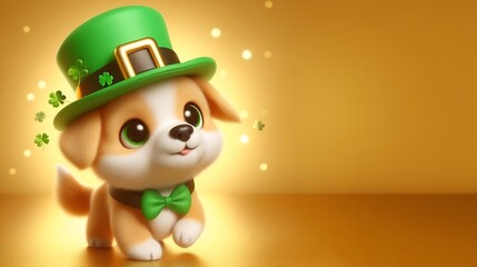 3d cute dog with hat St. Patrick's Day on golden background
