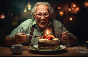 Elderly man laughing joyfully while sitting at a dining table with a healthy meal.	