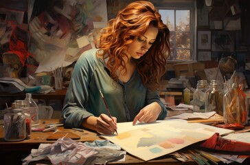 Female Artist Drawing Watercolor on Paper in Art Studio