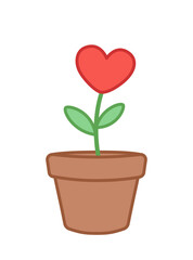 Pot of plant with heart. Valentines day. Cartoon, vector
