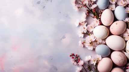 Easter eggs and cherry blossoms on a marble background. Top view with copy space. Greeting card on an Easter theme. Happy Easter concept.