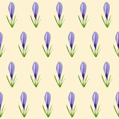 Watercolor purple crocuses seamless pattern, spring flower digital paper on yellow background. Hand painted floral illustration. For textile design, packaging, wrapping paper, wallpaper, scrapbooking.