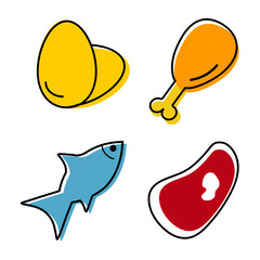 Set of color icons of protein, meat food. High-protein diet. Keto, Dukan diet. Icons of eggs, meat, chicken and fish.
