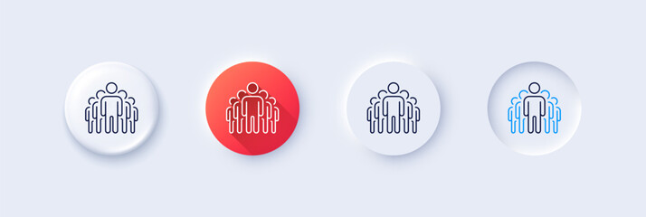 Group line icon. Neumorphic, Red gradient, 3d pin buttons. Business management sign. Teamwork symbol. Line icons. Neumorphic buttons with outline signs. Vector